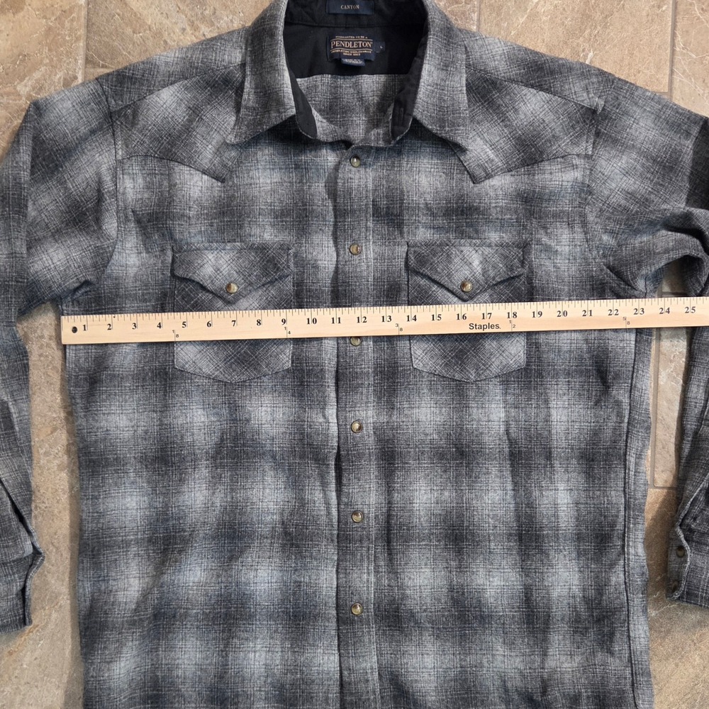 Pendleton Canyon Western Shirt Mens Large Grey Black Plaid Wool Pearl Snap 1969 - Picture 2 of 11